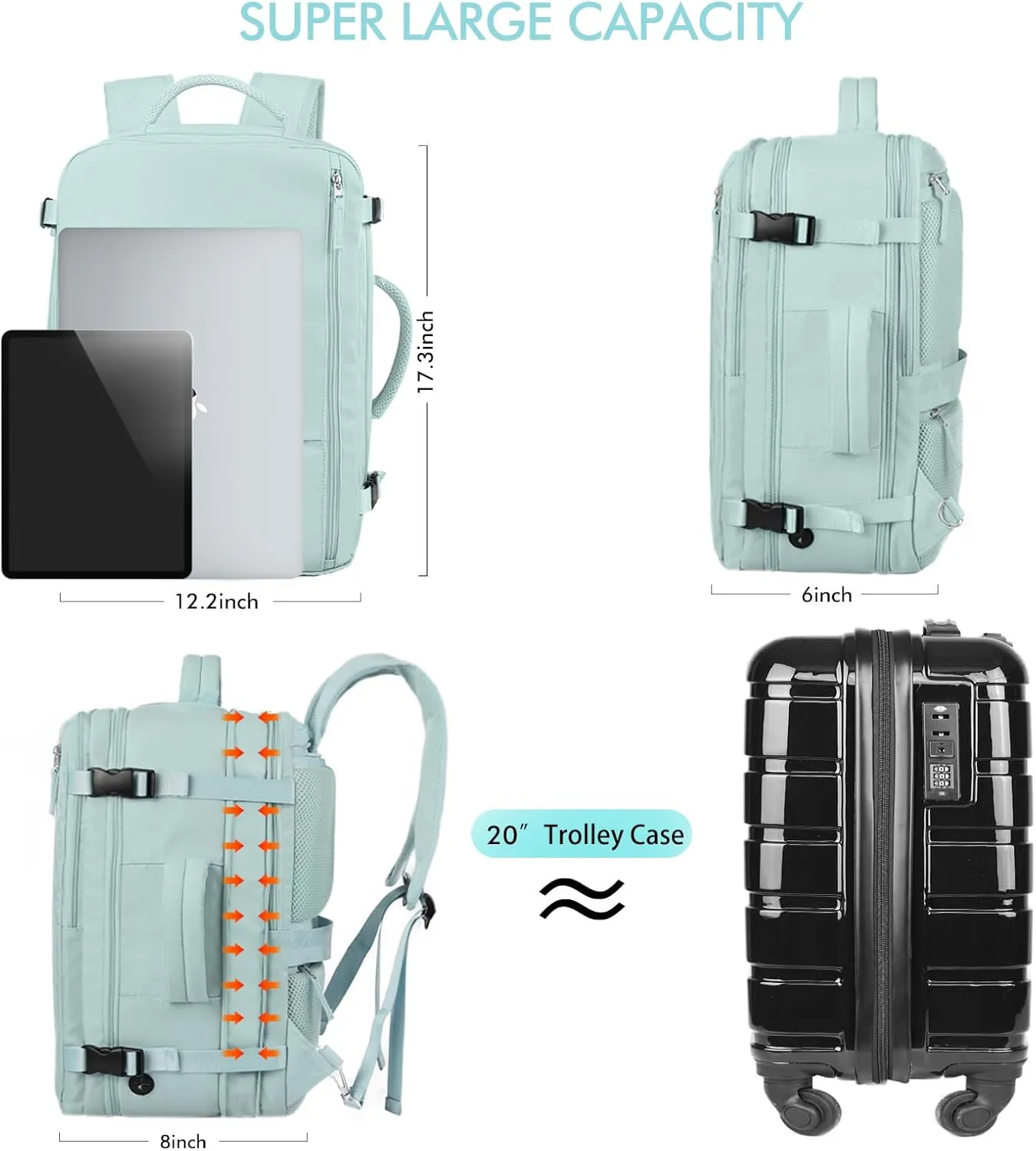 Beraliy Large Travel Backpack for Women Airline Approved, Carry On Backpack, 17 Inch Laptop Backpack, Personal Item Bag Casual Daypack Backpacks, Mint Green