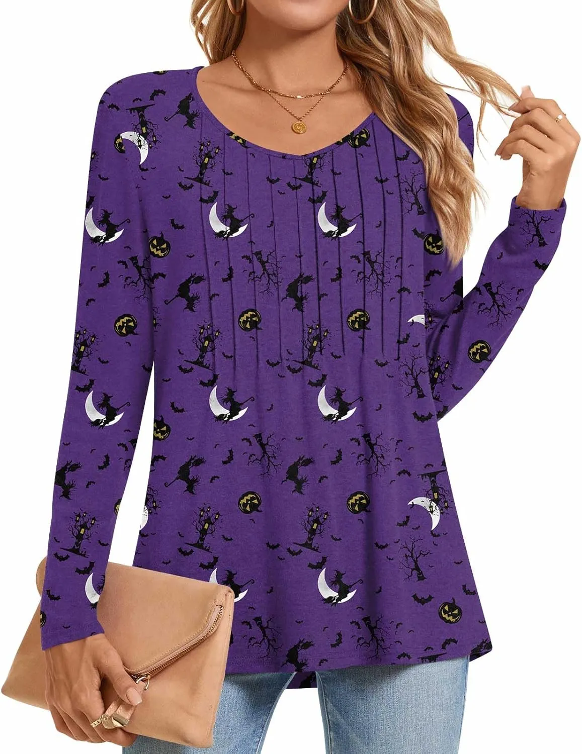 Bestbee Womens Long Sleeve Tops V Neck Tunics Cute Pleated Tops Casual Blouses Dressy T-Shirts