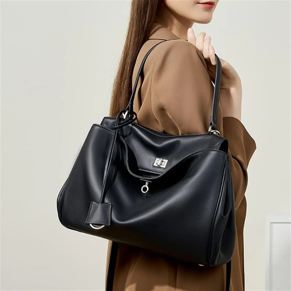 Big Tote Bag For Women Large Capacity Smooth Calfskin Shoulder Handbag Lock Commuter Underarm Bag(Small)