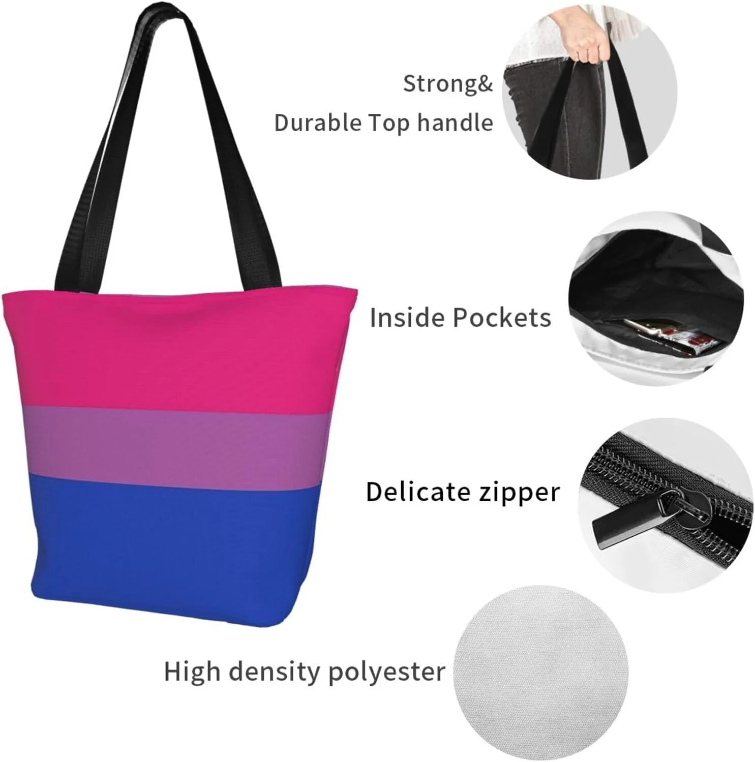 Bisexual Pride Flag Women's Tote Bag Lightweight Shopping Handbag Travel Shoulder Bag With Zipper