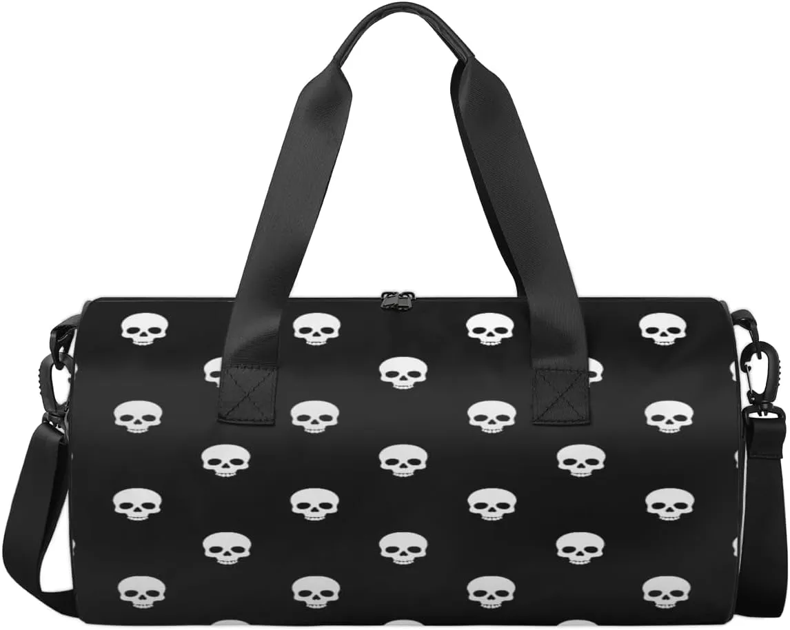 Black And White Skull Sports Duffel Bag, Gym Tote Bag Waterproof Weekender Travel Bag for Overnight Travel Luggage Workout Women Men