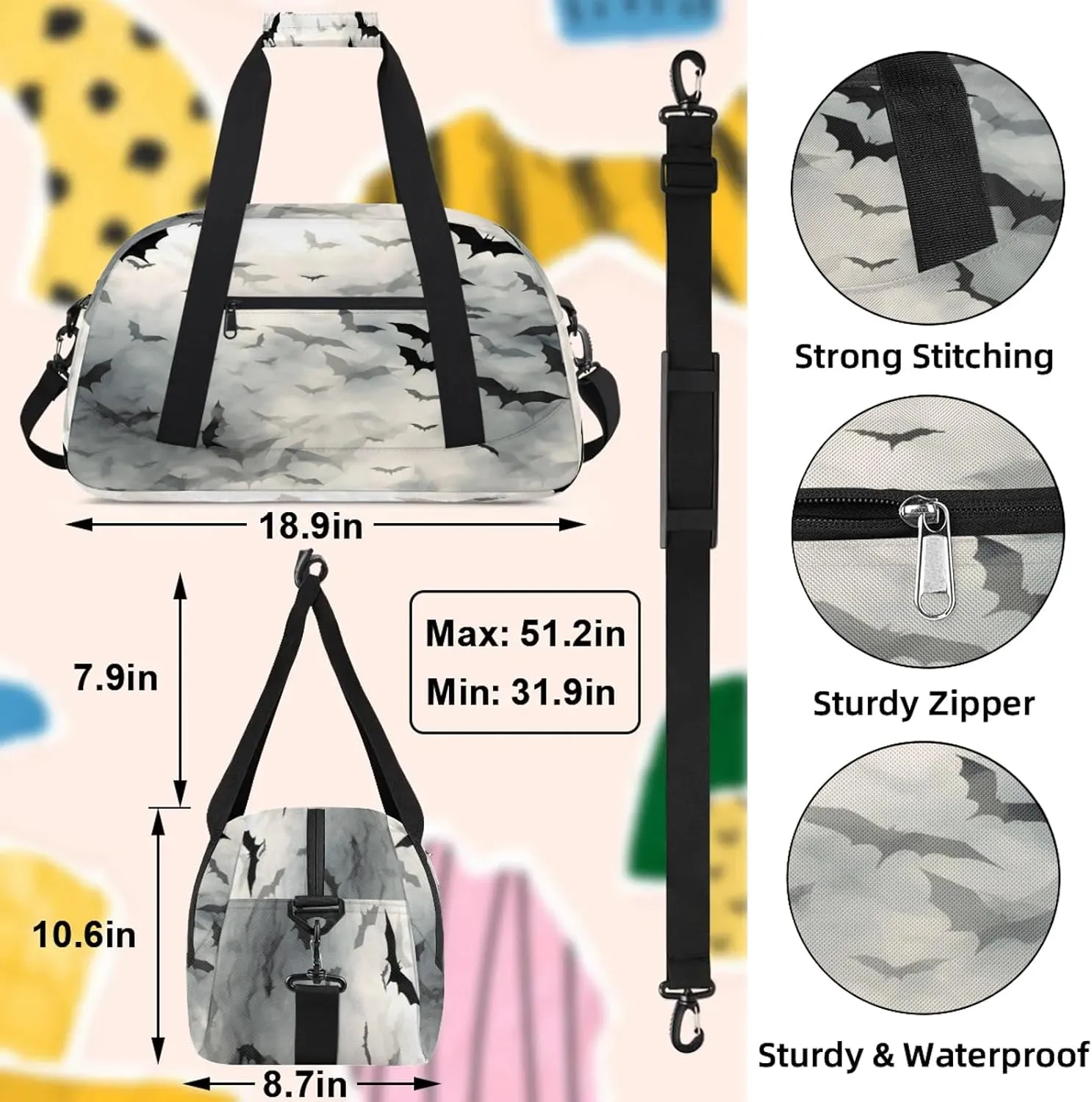 Black Bat Small Gym Bag 18 inch Carry On Duffel Bag for Weekender Travel Sports Workout Yoga Gymnastics Dance Ballet