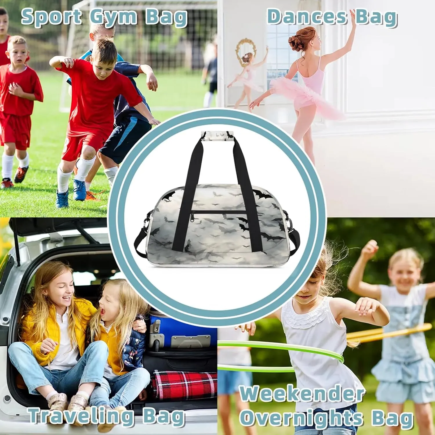 Black Bat Small Gym Bag 18 inch Carry On Duffel Bag for Weekender Travel Sports Workout Yoga Gymnastics Dance Ballet