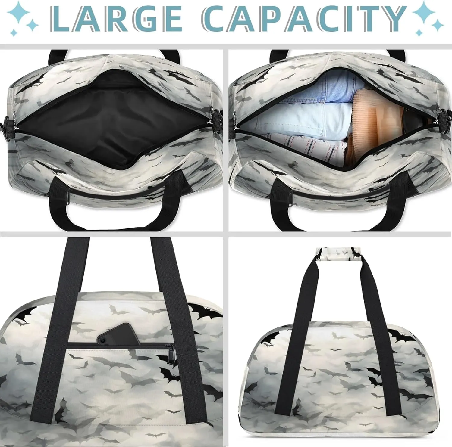 Black Bat Small Gym Bag 18 inch Carry On Duffel Bag for Weekender Travel Sports Workout Yoga Gymnastics Dance Ballet