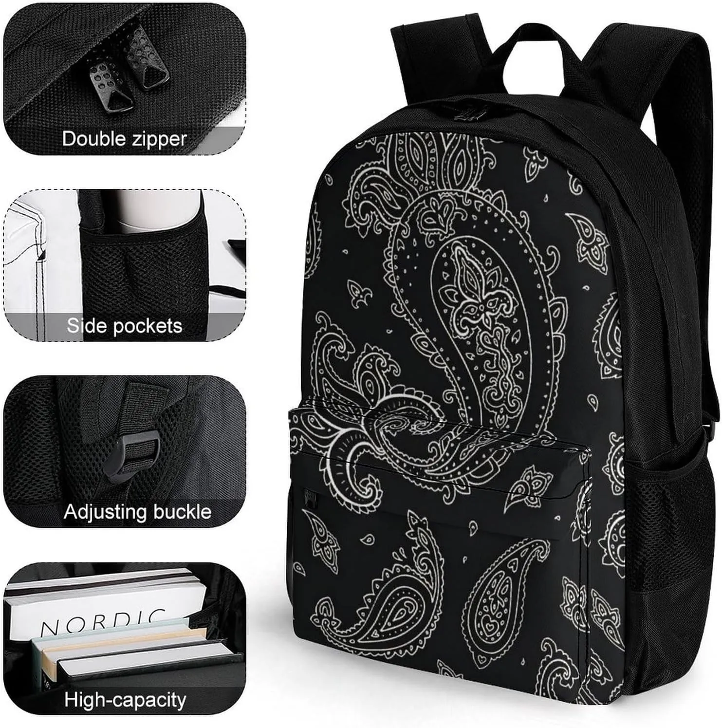 Black Paisley Pattern A Large Capacity Backpack with Pockets, Suitable for Outdoor Use, Etc