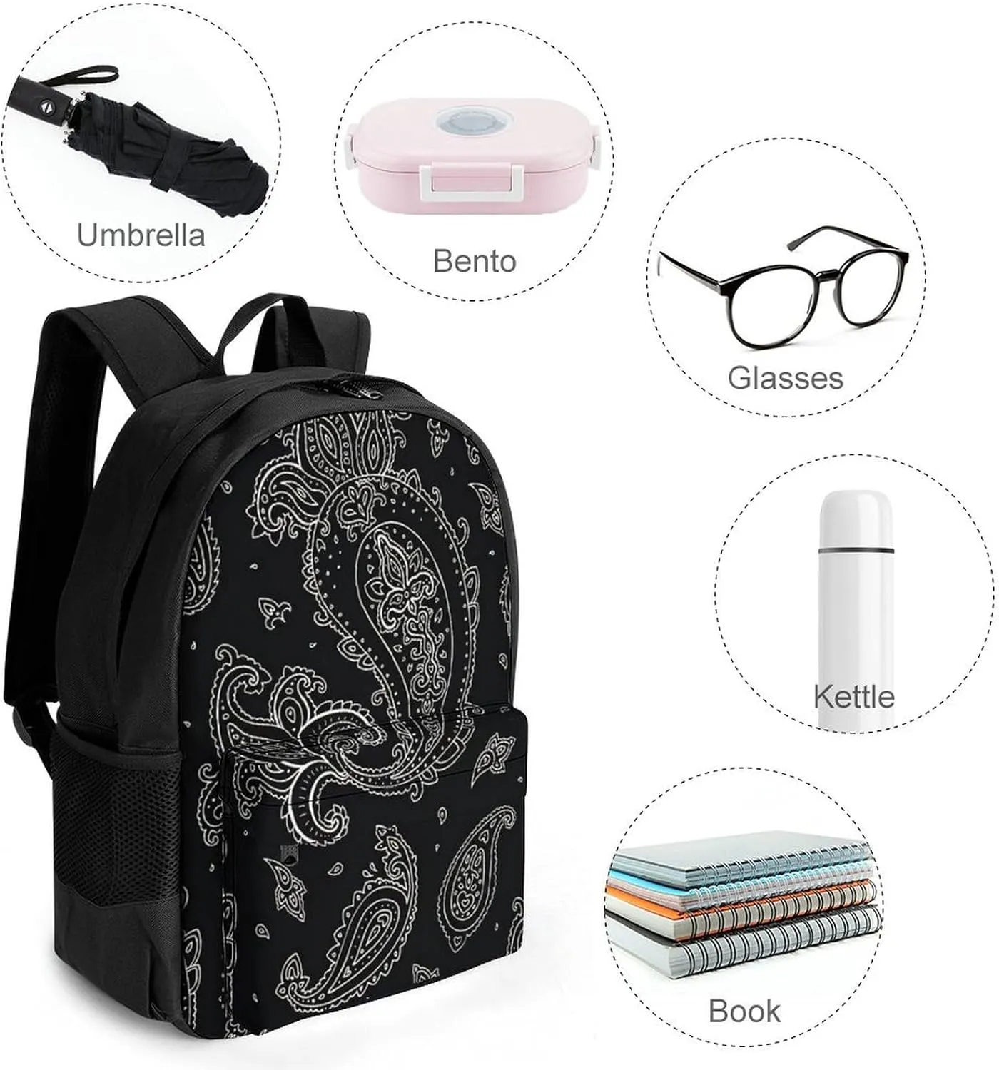 Black Paisley Pattern A Large Capacity Backpack with Pockets, Suitable for Outdoor Use, Etc