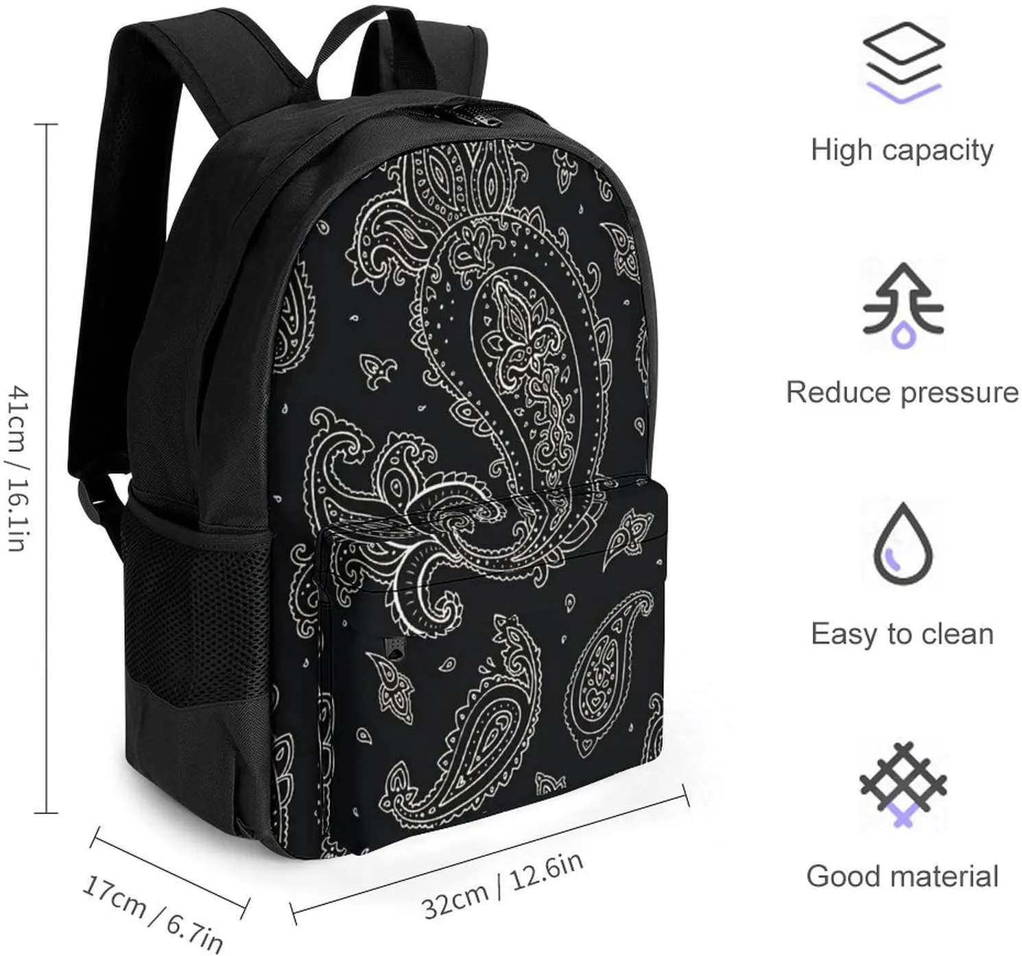 Black Paisley Pattern A Large Capacity Backpack with Pockets, Suitable for Outdoor Use, Etc