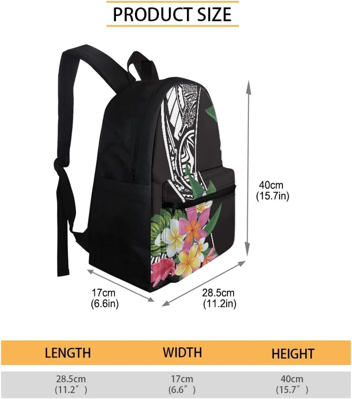 Black Plumeria Flower Print Backpack for Womens Mens Travel Laptop Backpack,Polynesian Style School Backpack for Boys Girls Teens College Bookbag Casual Daypack