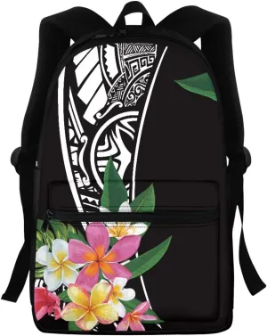Black Plumeria Flower Print Backpack for Womens Mens Travel Laptop Backpack,Polynesian Style School Backpack for Boys Girls Teens College Bookbag Casual Daypack