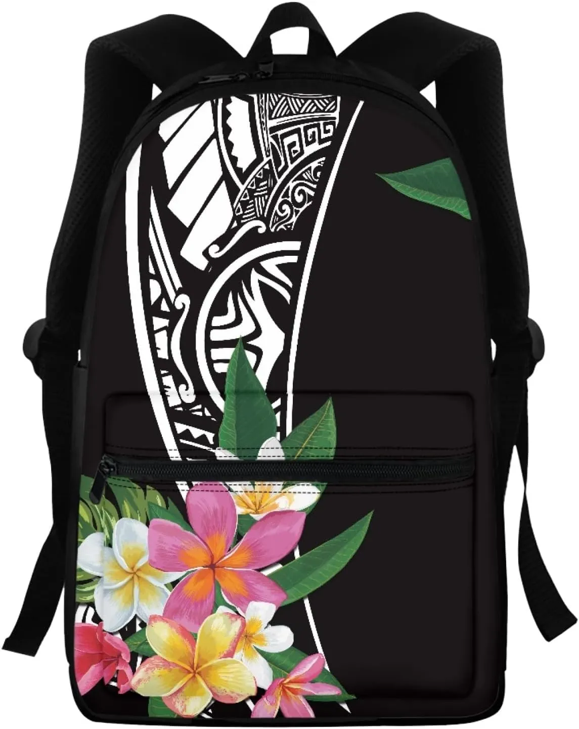 Black Plumeria Flower Print Backpack for Womens Mens Travel Laptop Backpack,Polynesian Style School Backpack for Boys Girls Teens College Bookbag Casual Daypack