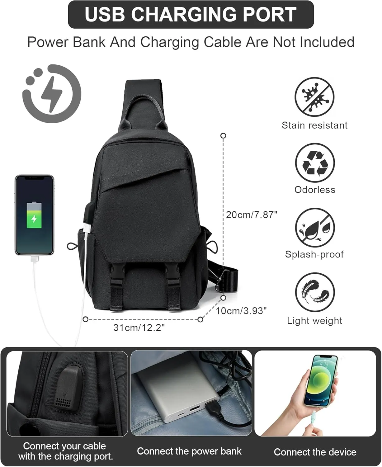 Black Sling Bag for Men Women, Mini Anti Theft One Strap Motorcycle Sling Backpack, Small Sling Chest Bag Daypack Crossbody Backpack for Casual Travel Hiking Gym Outdoor Sports