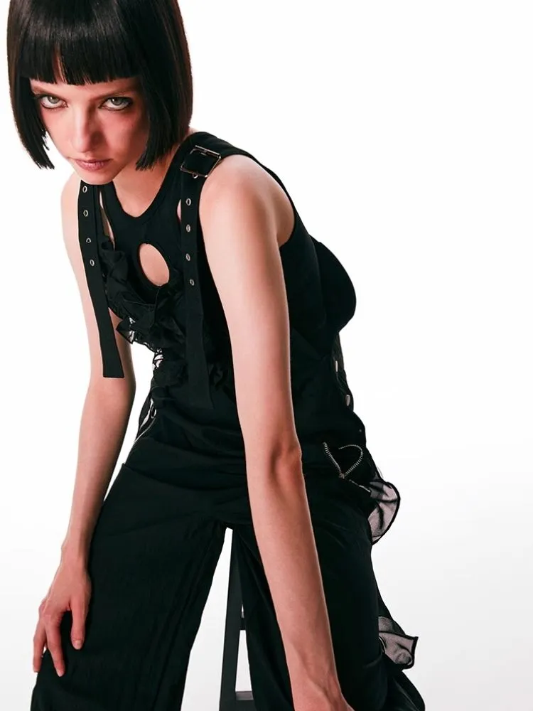 black spliced lace breathable trousers