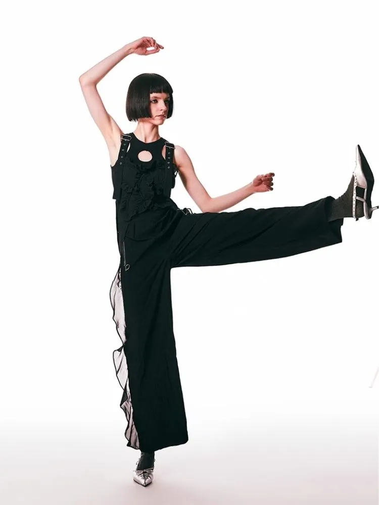 black spliced lace breathable trousers