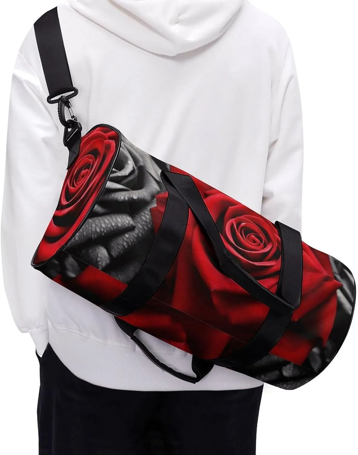 Black White And Red Roses Gym Bag Small Travel Duffle Bag with Compartment Carry On Weekender Bag for Women Men