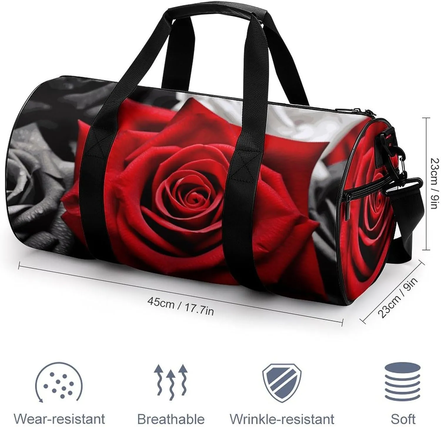 Black White And Red Roses Gym Bag Small Travel Duffle Bag with Compartment Carry On Weekender Bag for Women Men