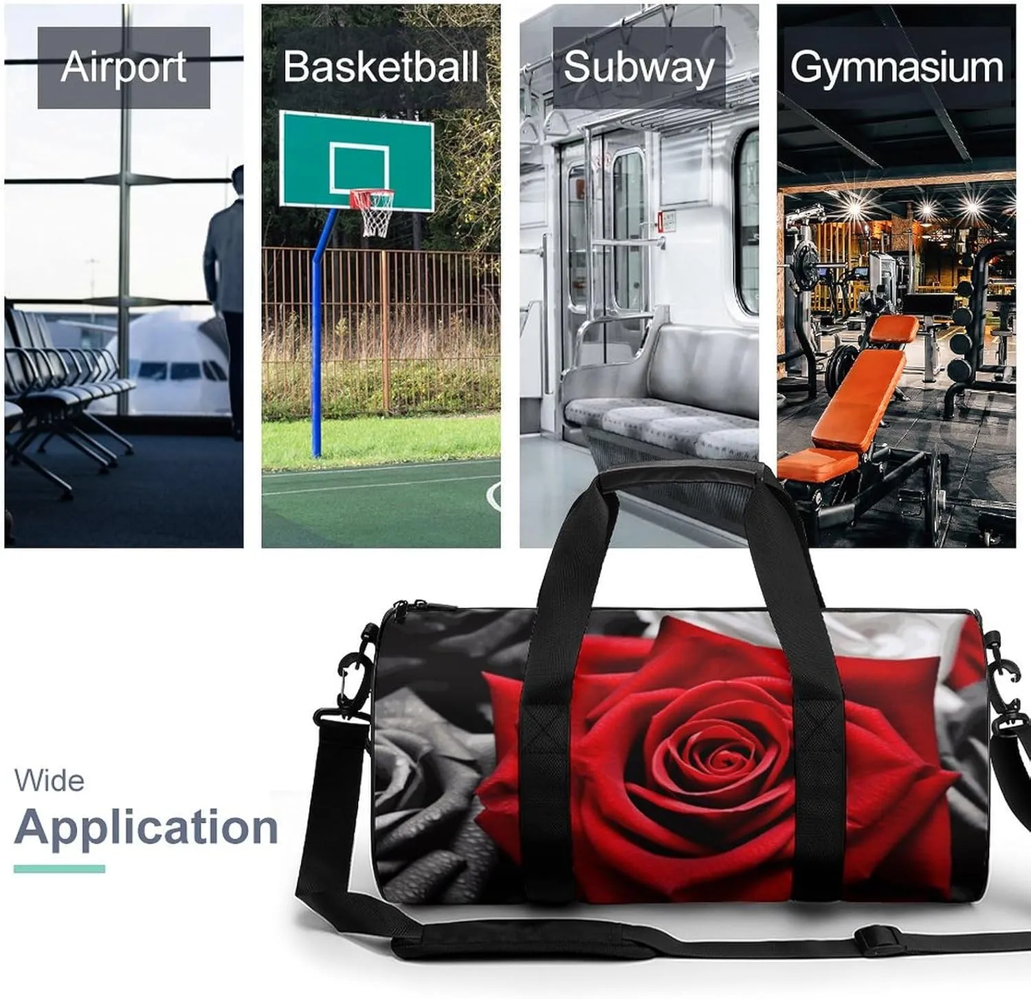 Black White And Red Roses Gym Bag Small Travel Duffle Bag with Compartment Carry On Weekender Bag for Women Men
