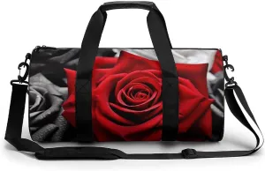 Black White And Red Roses Gym Bag Small Travel Duffle Bag with Compartment Carry On Weekender Bag for Women Men