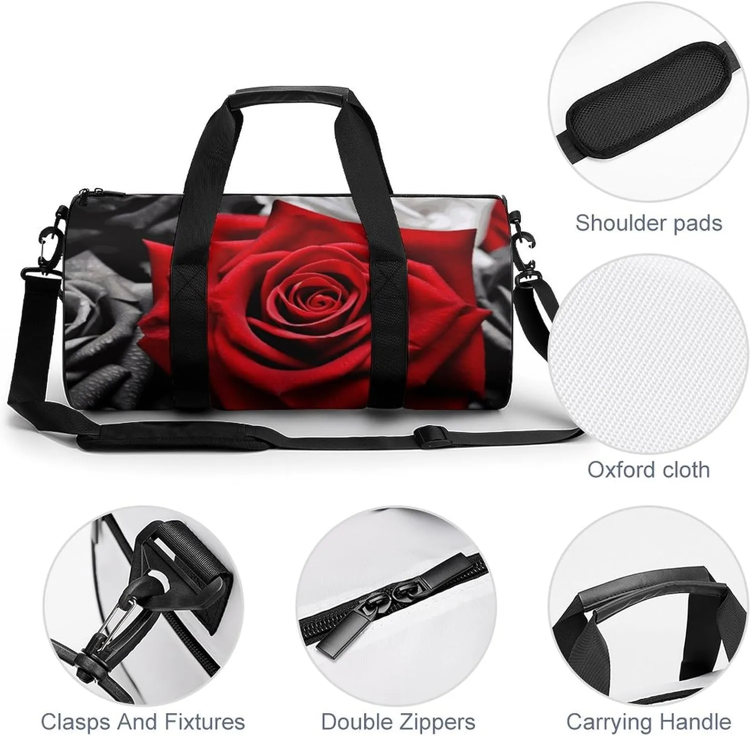 Black White And Red Roses Gym Bag Small Travel Duffle Bag with Compartment Carry On Weekender Bag for Women Men