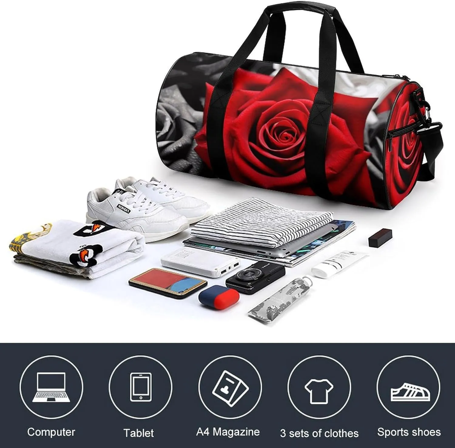 Black White And Red Roses Gym Bag Small Travel Duffle Bag with Compartment Carry On Weekender Bag for Women Men