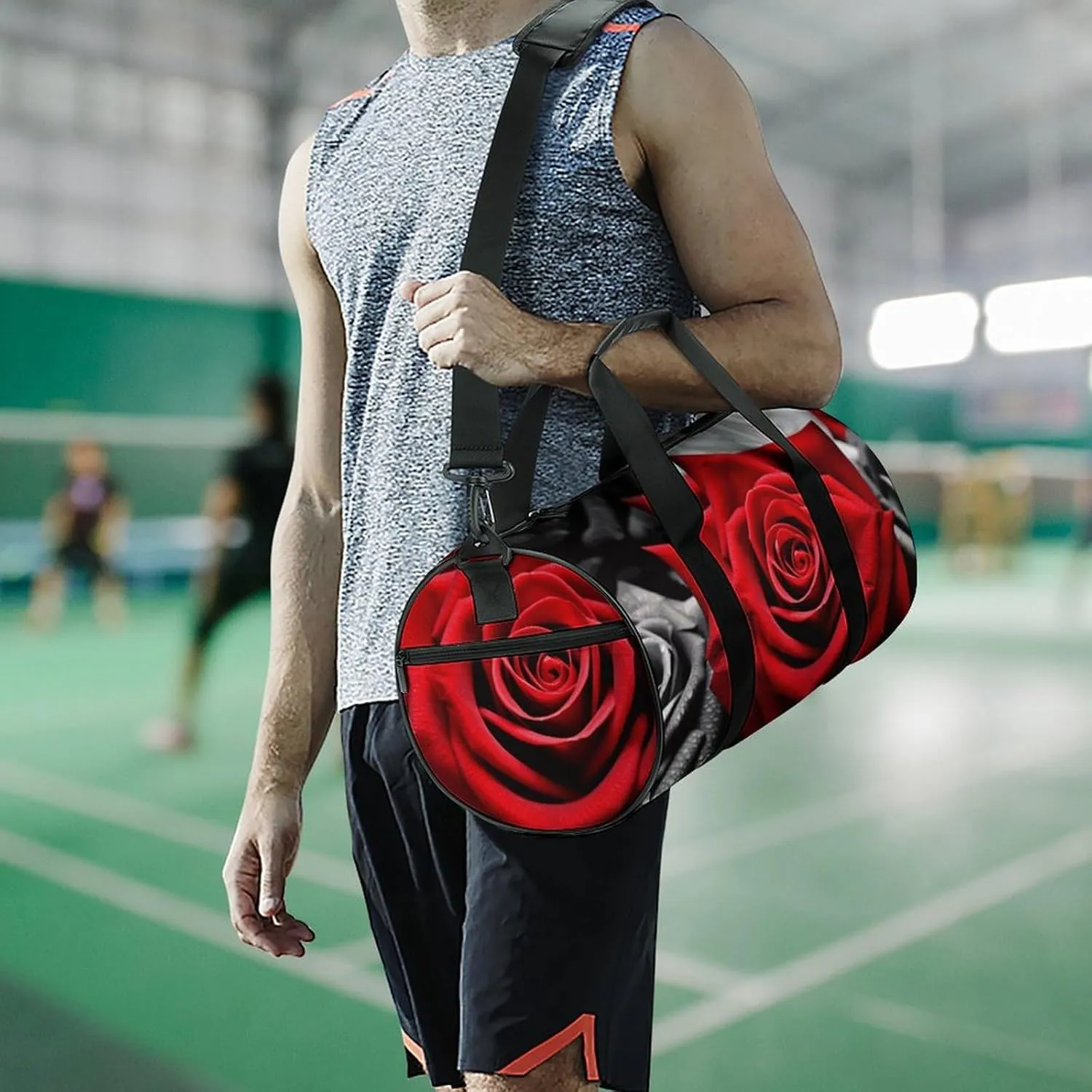 Black White And Red Roses Gym Bag Small Travel Duffle Bag with Compartment Carry On Weekender Bag for Women Men