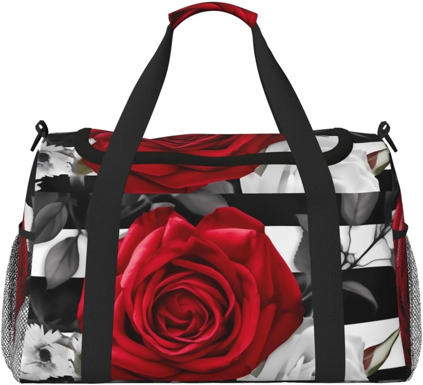 Black White Stripes Red Rose Flowers Travel Duffel Bag Lightweight Waterproof Carry On Tote Bag Foldable Weekender Overnight Bags Sport Gym Bag For Women Men
