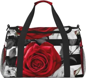 Black White Stripes Red Rose Flowers Travel Duffel Bag Lightweight Waterproof Carry On Tote Bag Foldable Weekender Overnight Bags Sport Gym Bag For Women Men