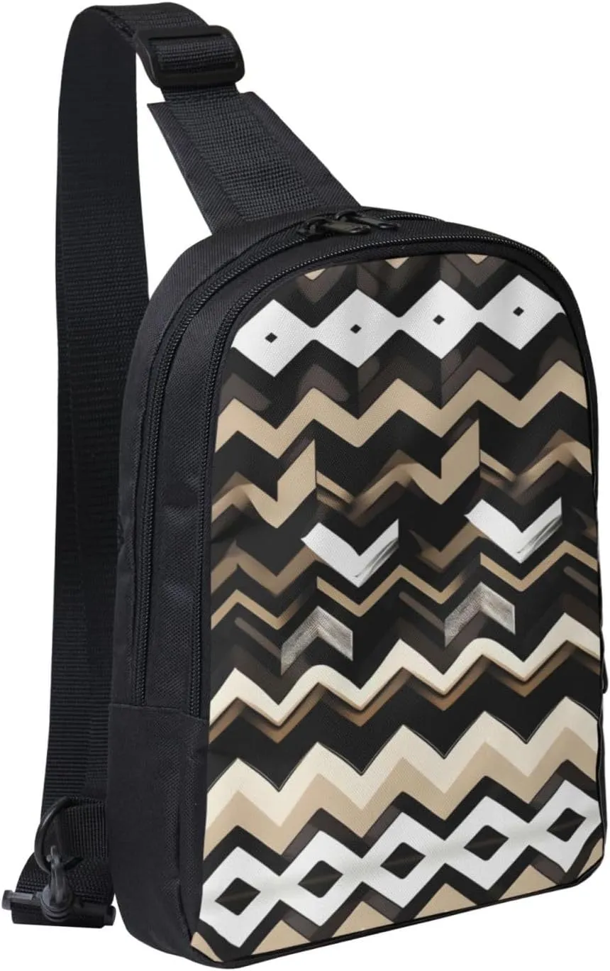 Black White Tan Zigzag Crossbody Chest Bag Lightweight Travel Hiking Shoulder Backpack For Men Women, RXZER23