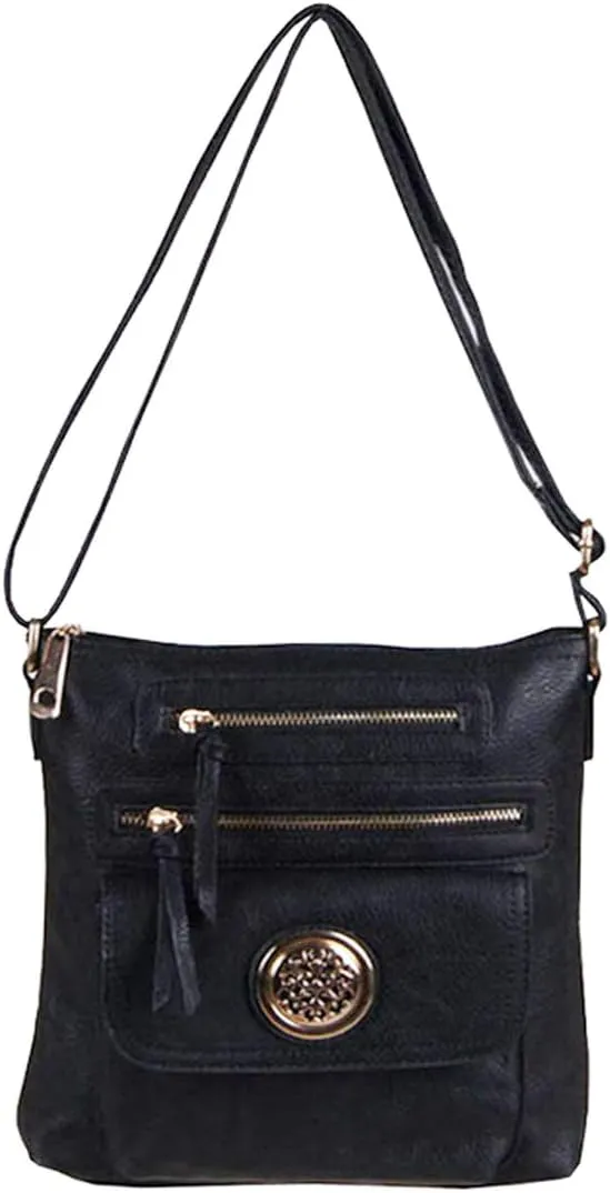 Black Zipper Pockets Cross-body Messenger Bag Golden Flora Medallion