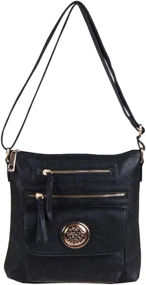 Black Zipper Pockets Cross-body Messenger Bag Golden Flora Medallion