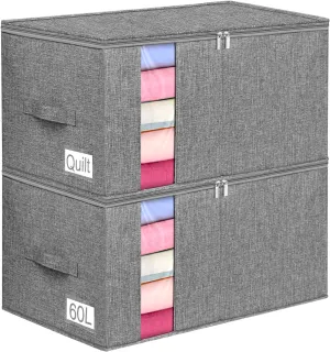 Blanket Storage, Comforter Storage Bag With Rigid Side & Bottom Support, Stackable Clothes Storage Bin For King Size Comforters Sweater Bedding Quilt Pillow Closet Organizers, 21.7x14.2x11.8in, 2Pcs