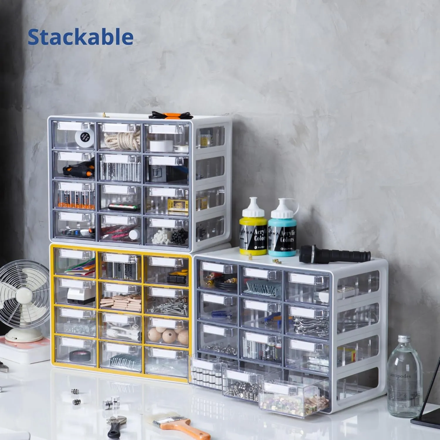 Blue Ginkgo Large 12-Drawer Cabinet – Stackable Clear Organizer for Hardware, Beads, Plastic Bricks, Office, and Craft Storage (Made in Korea, Blue)