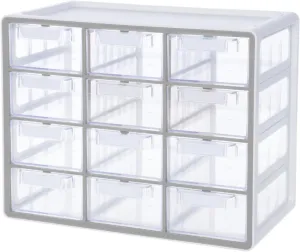 Blue Ginkgo Large 12-Drawer Cabinet – Stackable Clear Organizer for Hardware, Beads, Plastic Bricks, Office, and Craft Storage (Made in Korea, Gray)