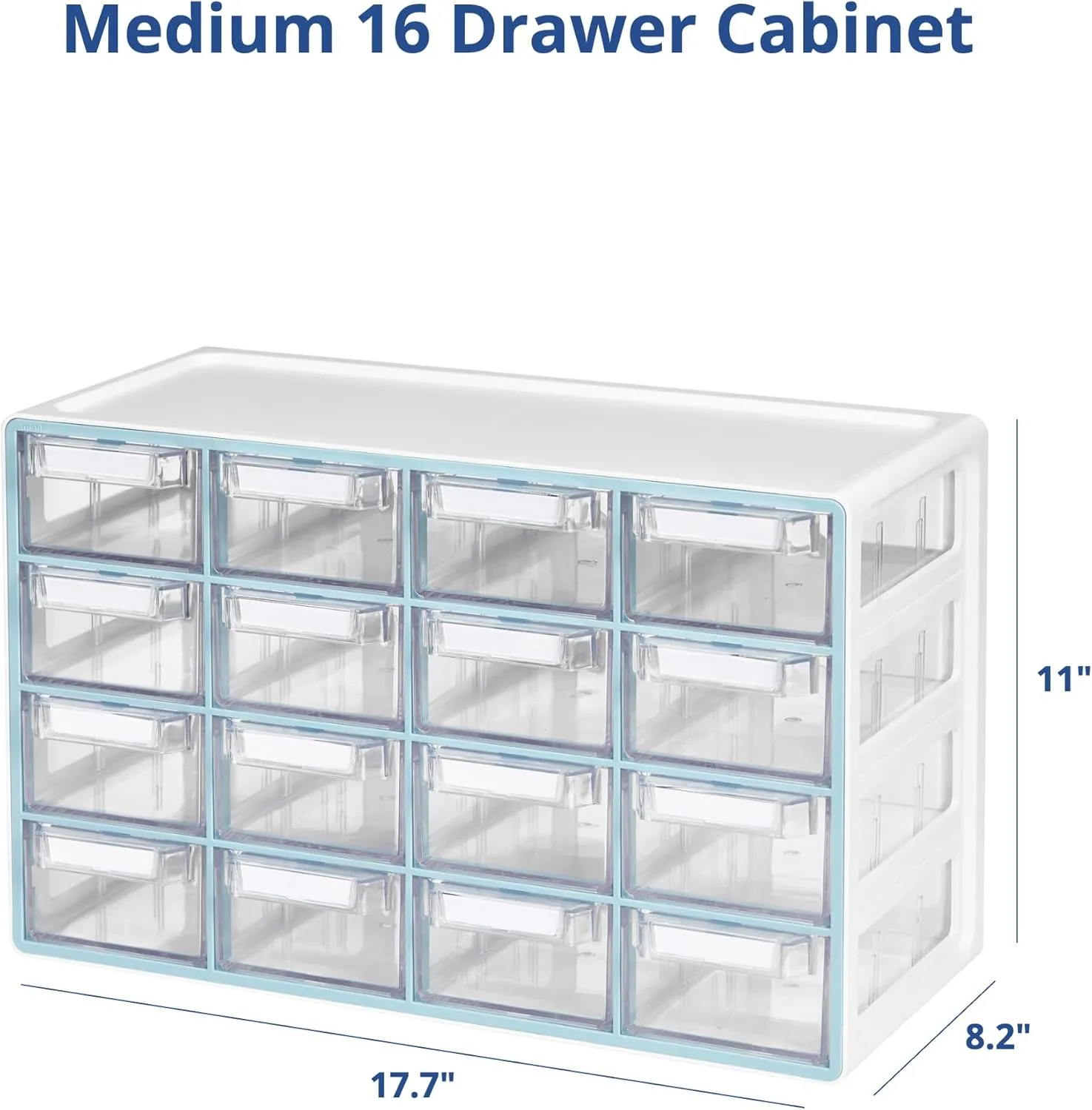 Blue Ginkgo Medium 16-Drawer Cabinet – Stackable Clear Organizer for Hardware, Beads, Plastic Bricks, Office, and Craft Storage (Made in Korea, Blue)