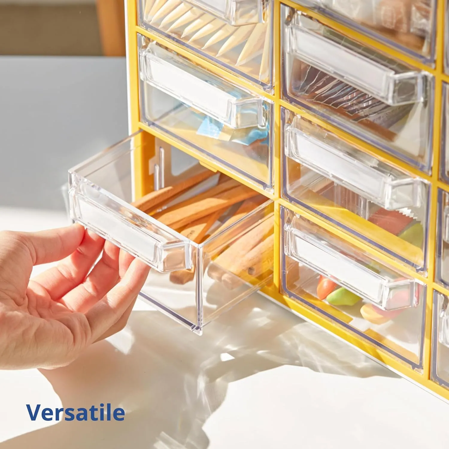 BLUE GINKGO Medium 16-Drawer Cabinet – Stackable Clear Organizer for Hardware, Beads, Plastic Bricks, Office, and Craft Storage (Made in Korea, Yellow)
