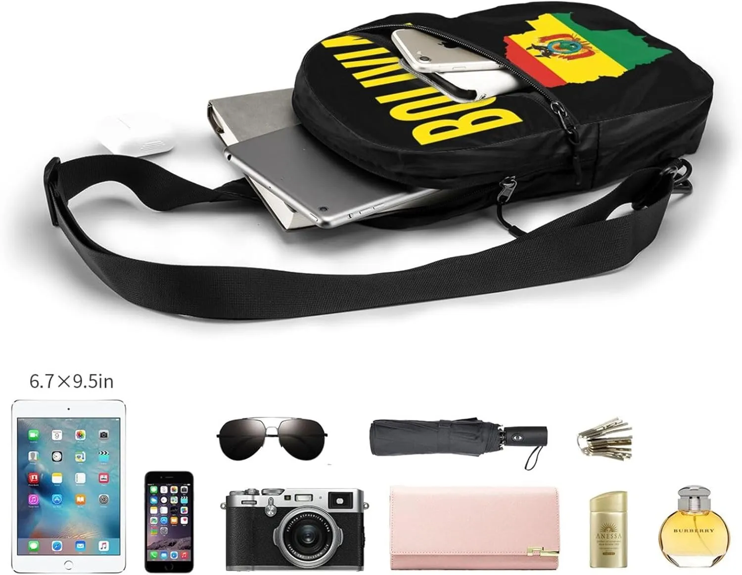Bolivian Boliva Pride Map Flag Packable Crossbody Bag Portable Sling Bags Foldable Travel Daypack Reusable Sports Shoulder Backpack Diagonally Chest Bag for Workout