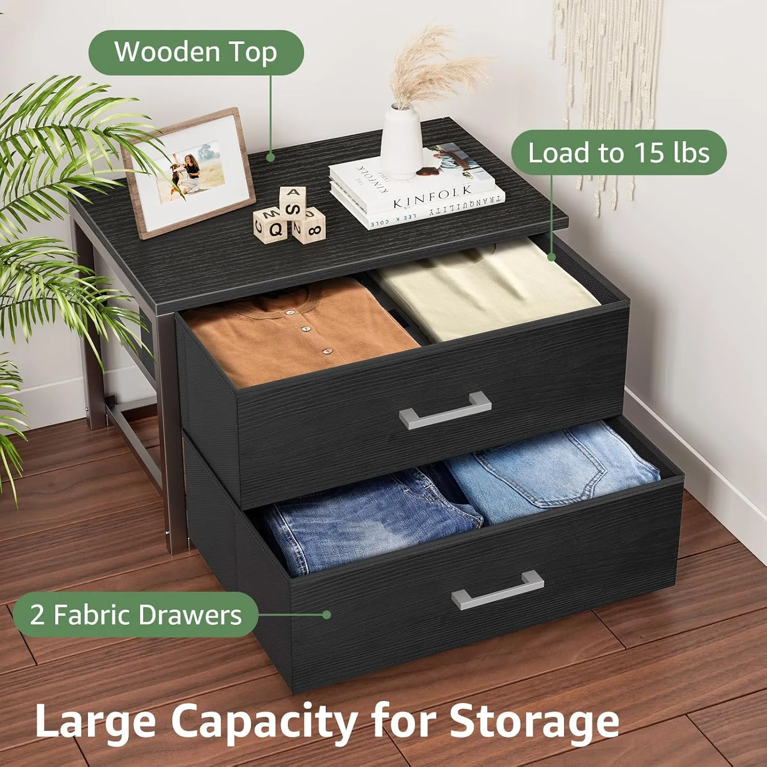 BOLUO Stackable Storage Drawers Closet Organizers and Storage Fabric 2 Drawer Dresser for Bedroom Office Black Modern