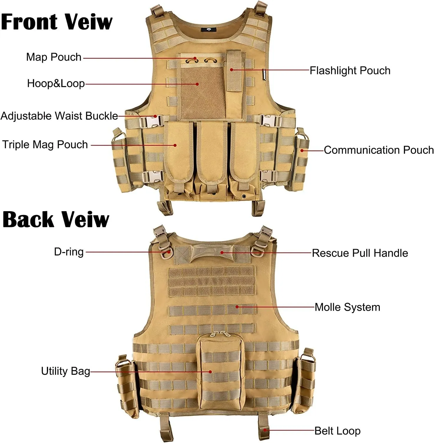 BOMTURN Tactical Airsoft Vest Upgrade Adjustable Modular Paintball Vest Outdoor Fit Adult