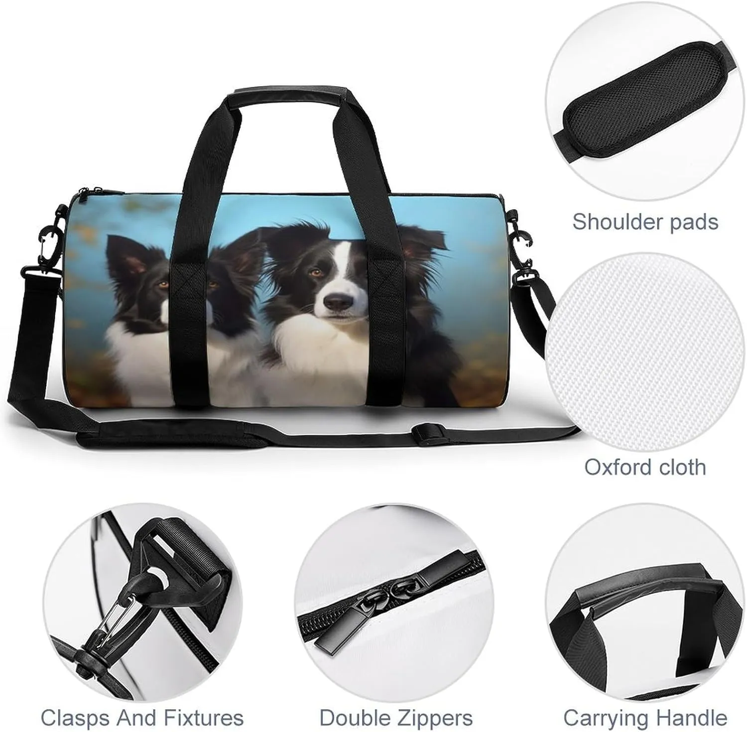 Border Collie Gym Bag Small Travel Duffle Bag with Compartment Carry On Weekender Bag for Women Men