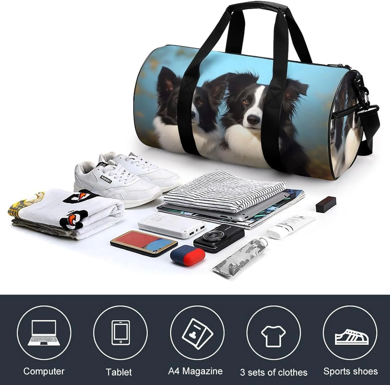 Border Collie Gym Bag Small Travel Duffle Bag with Compartment Carry On Weekender Bag for Women Men