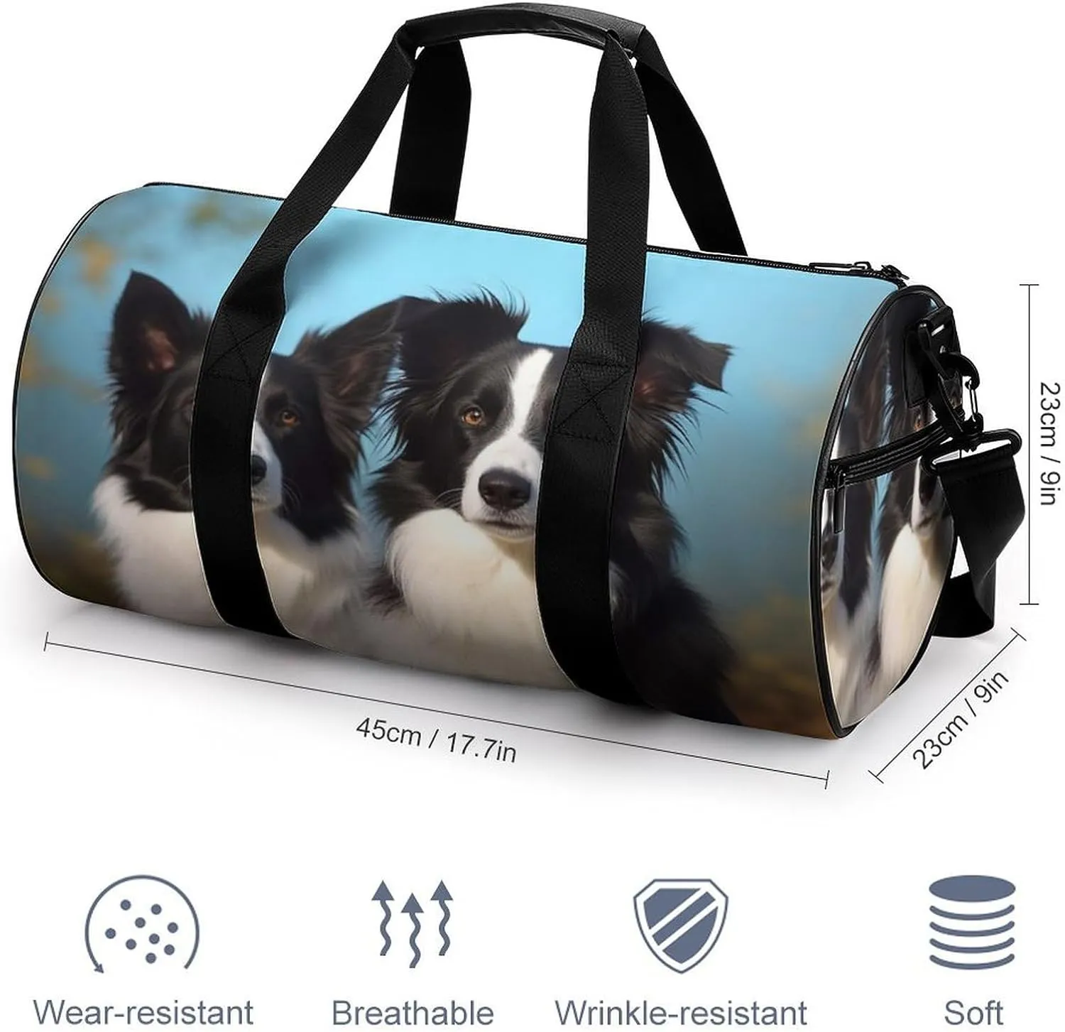 Border Collie Gym Bag Small Travel Duffle Bag with Compartment Carry On Weekender Bag for Women Men
