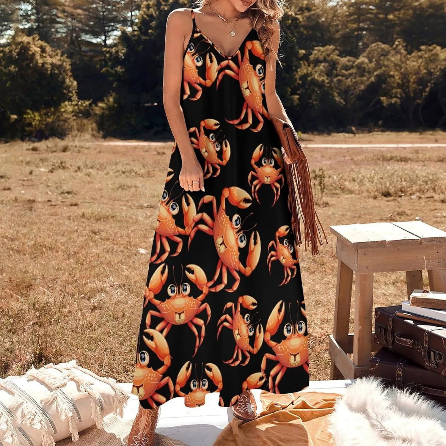 Boston Crab Womens Summer Maxi Dress Casual Spaghetti Strap Sleeveless Sundress