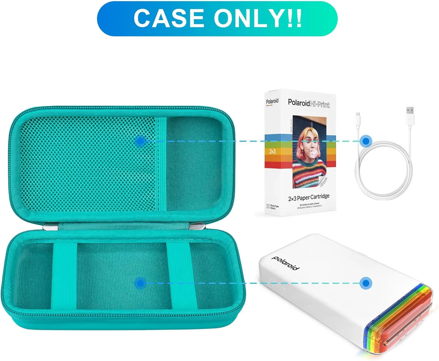 BOVKE Carrying Case for Polaroid Hi-Print 2nd Generation Bluetooth Connected 2x3 Pocket Photo Dye-Sub Printer, Mesh Pocket for Polaroid Hi-Print Paper - 2x3 Paper Cartridges and Cables, Turquoise
