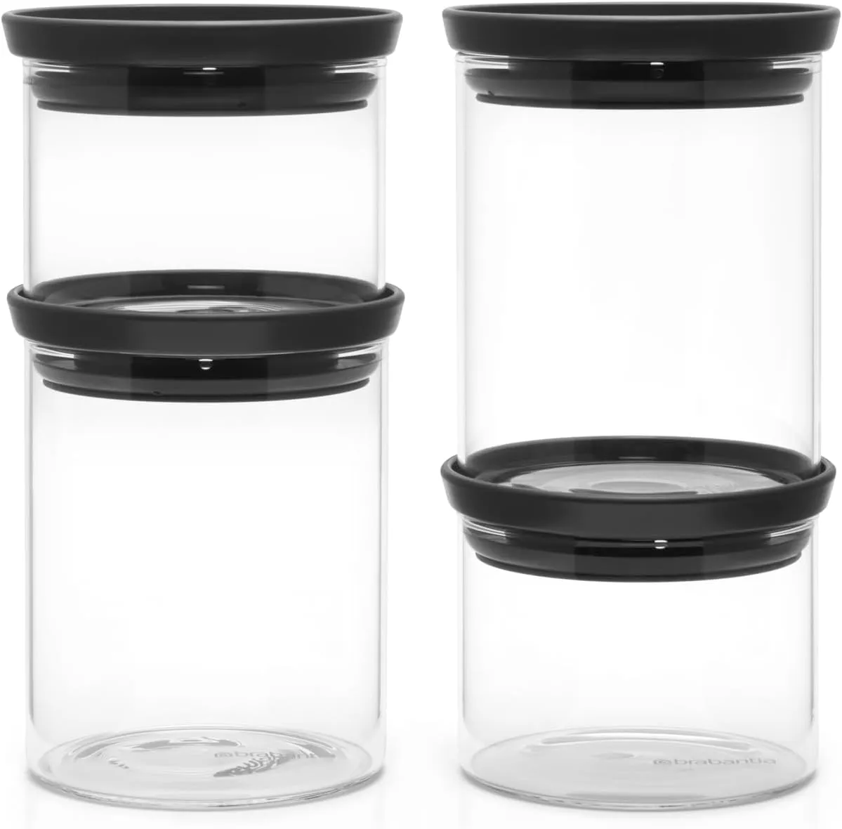 Brabantia 4pc Stackable Glass Food Jars (Dark Gray) 2x 0.07 & 2x 0.13 Gal Heat-Safe, Dishwasher-Safe, Air-Tight Pantry Organizers