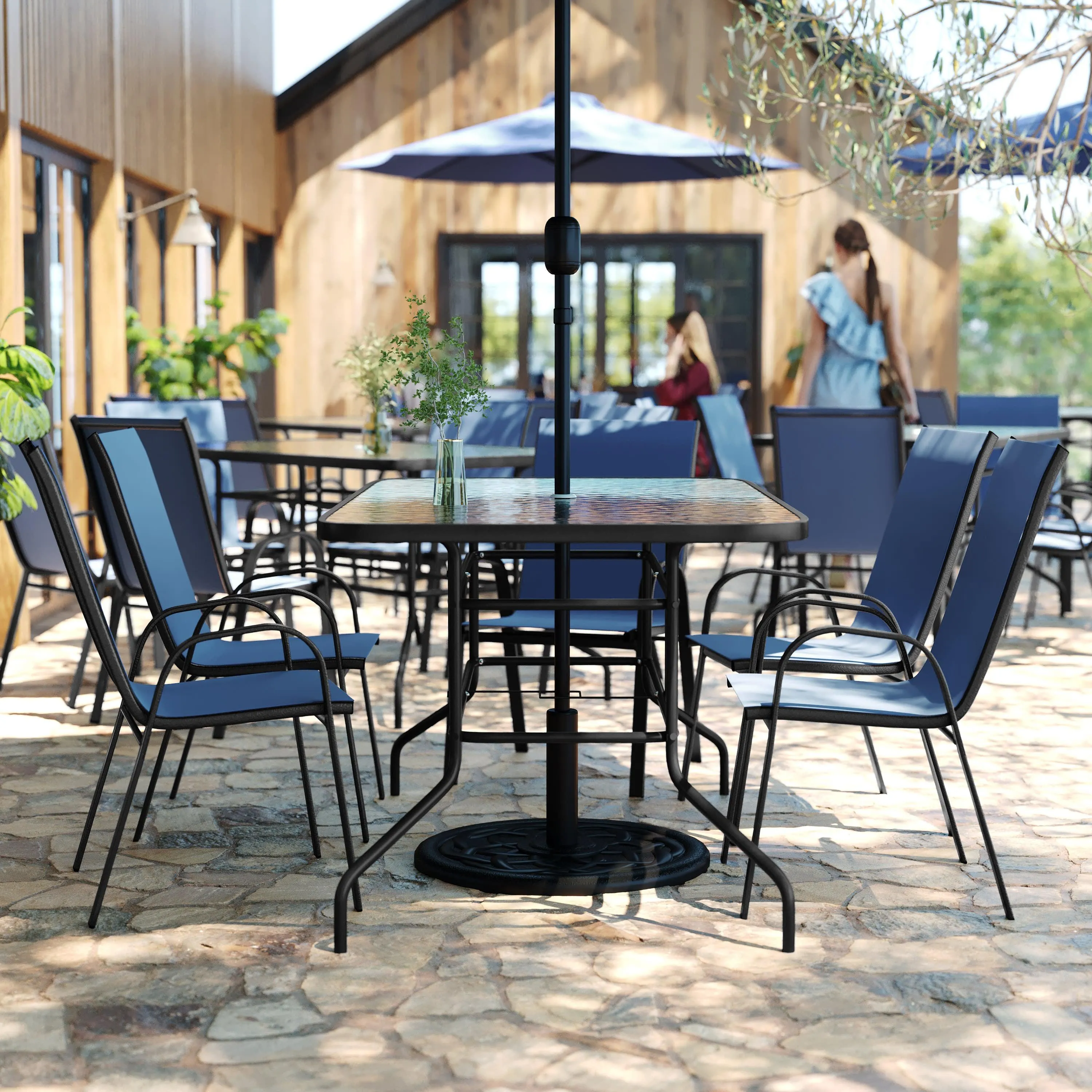Brazos 7 Piece Outdoor Patio Dining Set - Tempered Glass Patio Table, 6 Flex Comfort Stack Chairs