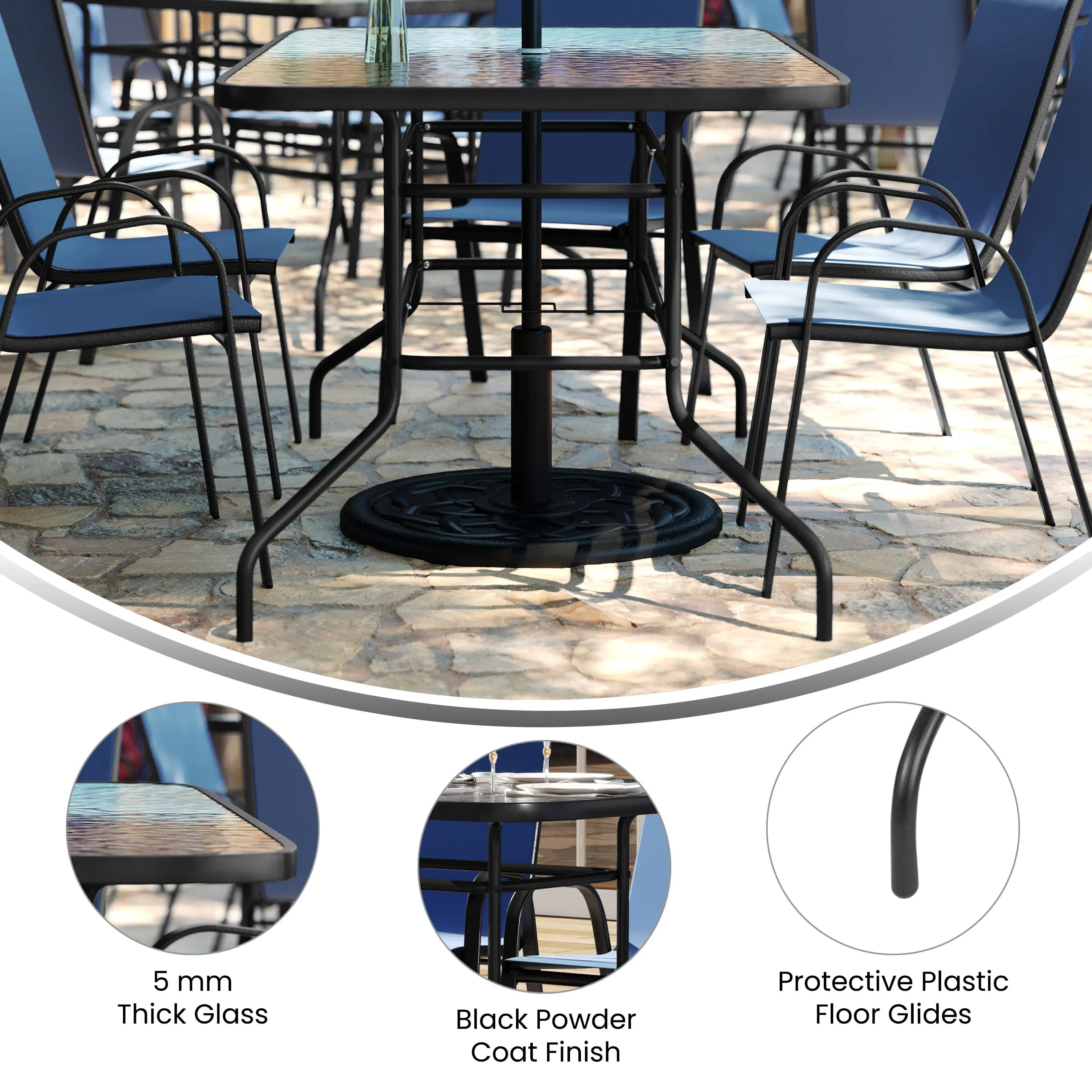 Brazos 7 Piece Outdoor Patio Dining Set - Tempered Glass Patio Table, 6 Flex Comfort Stack Chairs