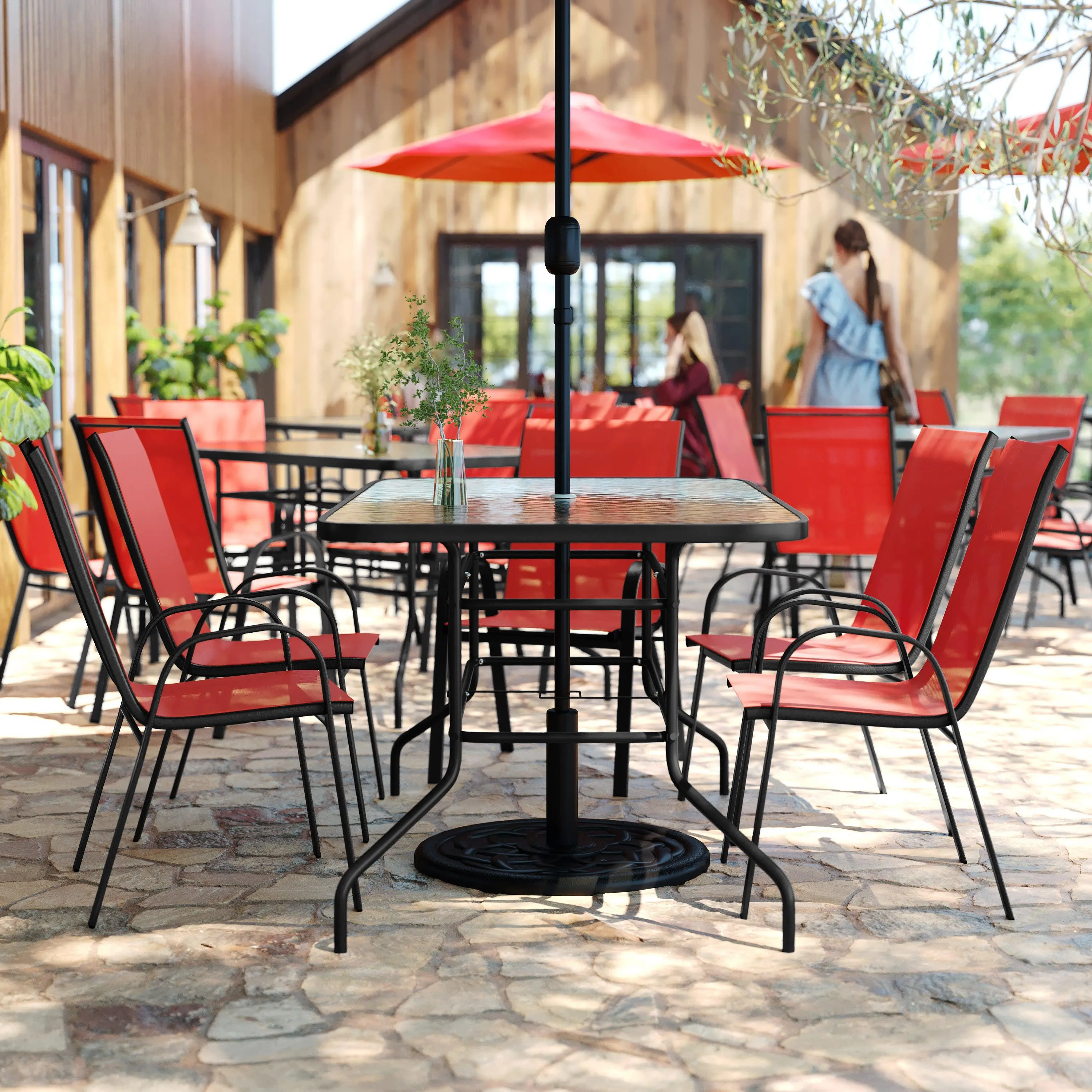 Brazos 7 Piece Outdoor Patio Dining Set - Tempered Glass Patio Table, 6 Flex Comfort Stack Chairs