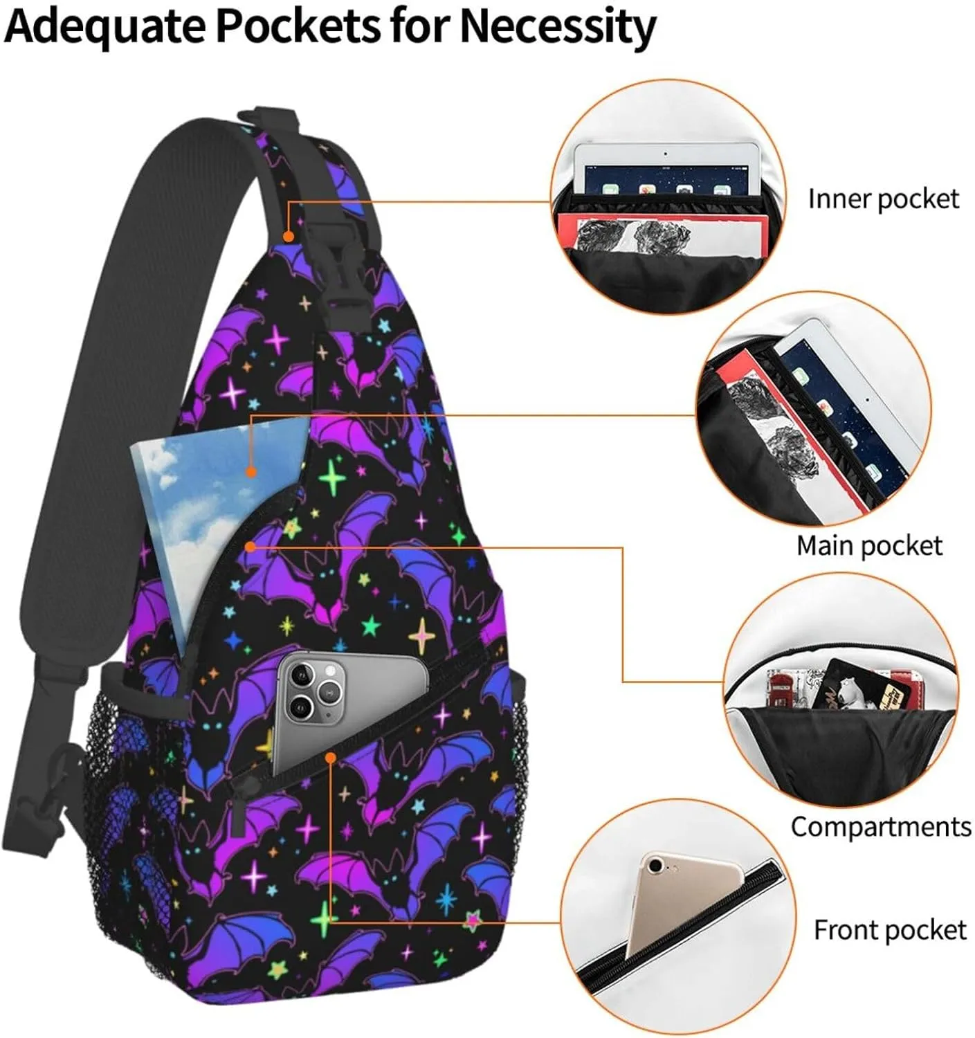 Bright Bats And Stars Crossbody Sling Bag For Women Men Fashion Chest Bag Shoulder Bag Sling Backpack Travel Hiking Casual Sport Daypack