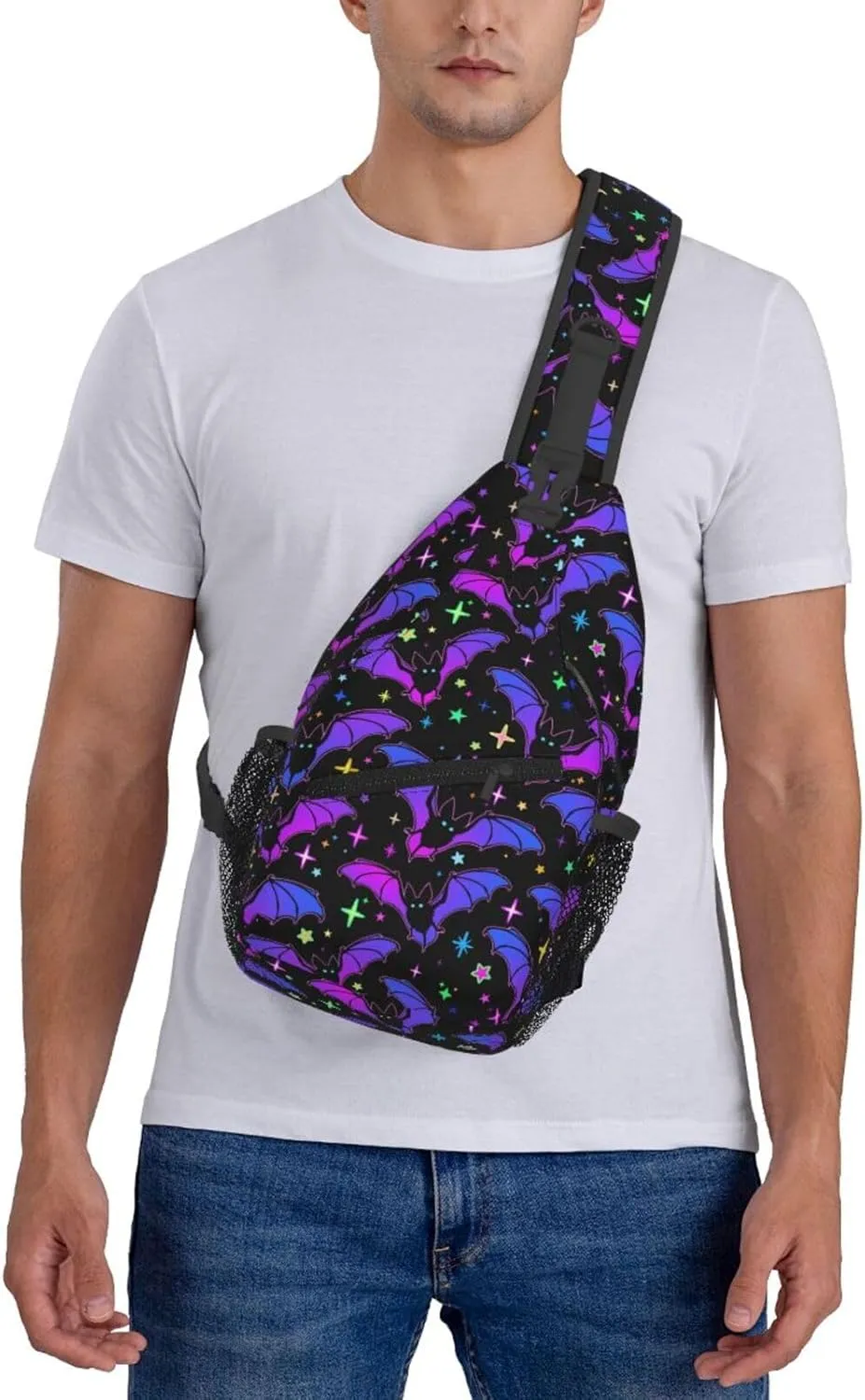 Bright Bats And Stars Crossbody Sling Bag For Women Men Fashion Chest Bag Shoulder Bag Sling Backpack Travel Hiking Casual Sport Daypack