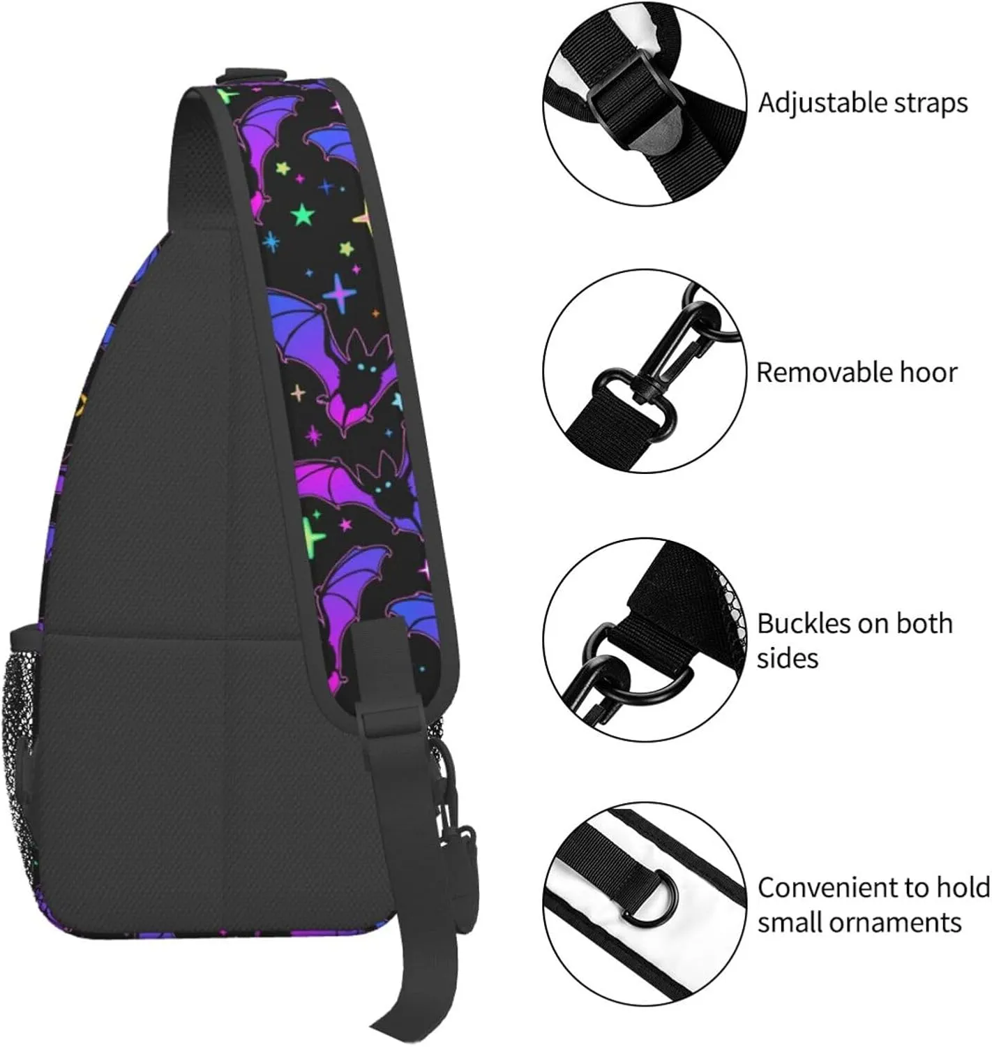 Bright Bats And Stars Crossbody Sling Bag For Women Men Fashion Chest Bag Shoulder Bag Sling Backpack Travel Hiking Casual Sport Daypack