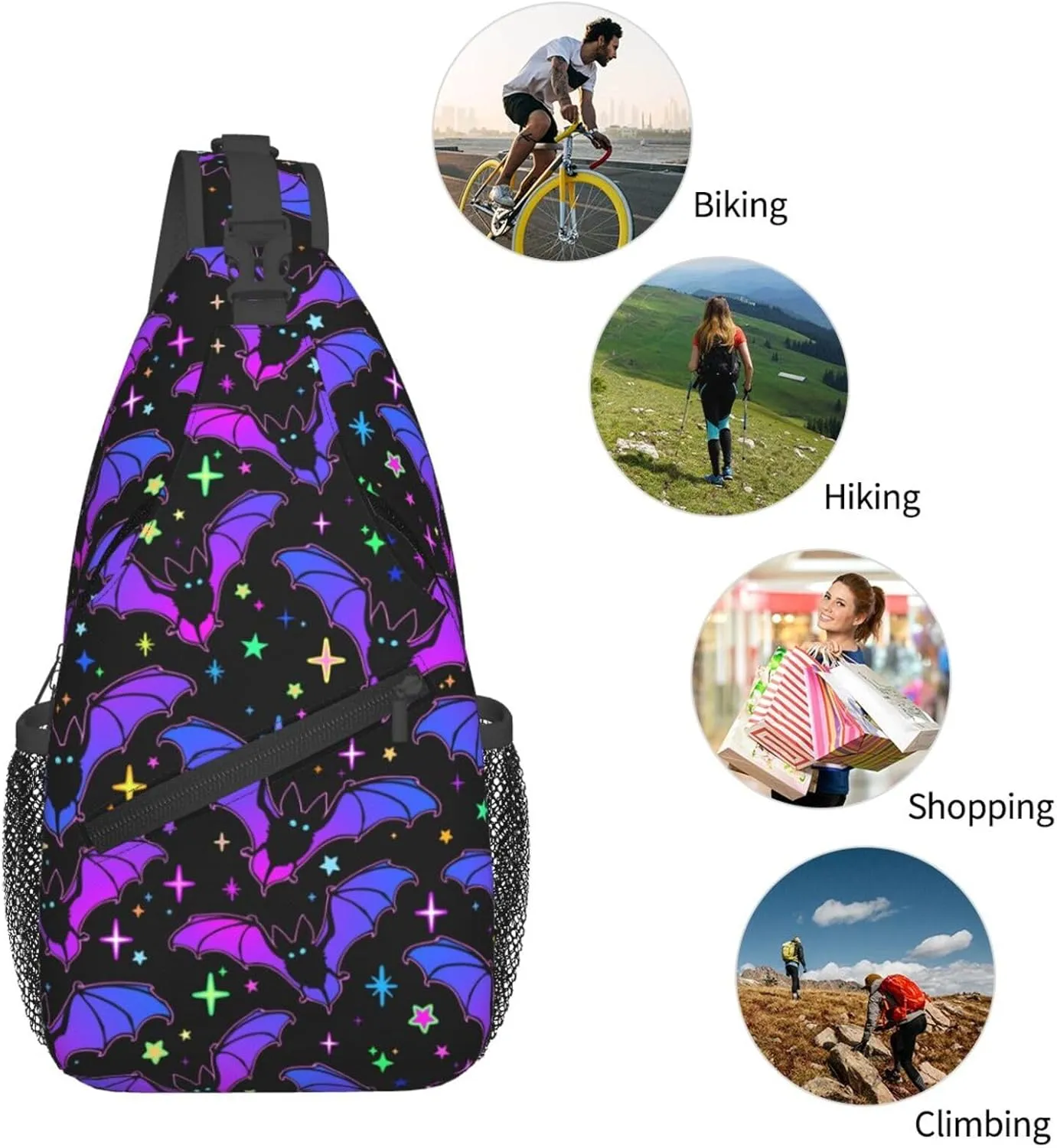 Bright Bats And Stars Crossbody Sling Bag For Women Men Fashion Chest Bag Shoulder Bag Sling Backpack Travel Hiking Casual Sport Daypack